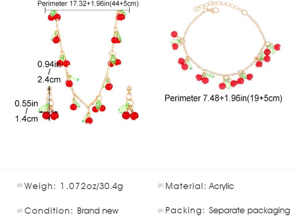 NewZenro Red Cherry Fruit Charm Dangle Earrings Beaded Necklaces Bracelets Sets for Women Cute Sweet Acrylic Gold Plated Fashion Jewelry Choker Necklace Ajustable Chain - Image 2