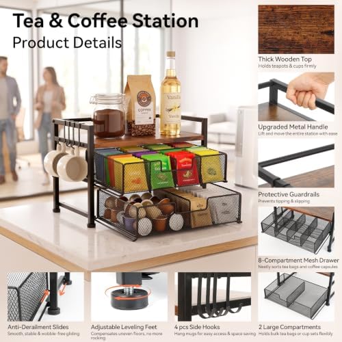 Beslands Tea Bag Organizer & Coffee Station, Matcha Kit Storage, 2 Drawers Tea Bar Tea Box Kitchen Shelf for Countertop, Teabag holder with 4 Hooks, Matcha Tea Station - 3