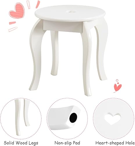 Miniatura 4 de HONEY JOY Juego de tocador para niños con espejo, mesa de tocador de madera con taburete y cajón, parte superior extraíble, juego de tocador de