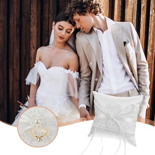 Nogeqi Ringkissen Hochzeit,Spitze Ringkissen mit Bowknot Satinband, Ringkissens Hochzeit Standesamt für Verlobung Oder Eheringe Party, Hochzeitszeremonie, Antrag
