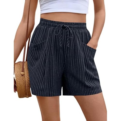 AKEWEI Linen Shorts Women Casual Wide Leg High Waisted Summer Outfits Comfy Elastic Waist Beach Shorts with Pockets Navy Blue Pinstripe X-Large