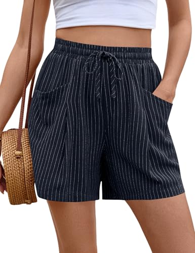 Rapbin Kurze Hose Damen Sommer Gummizug Leinen Musselin High Waist Shorts Baumwolle Kurz Leinenhose Sommerhose mit Taschen Navyblau-Nadelstreifen M