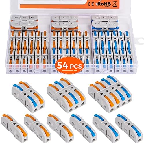 JOMERON 54PCS Lever Nuts Wire Connectors, 1 to 1 Inline Electrical Lever Wire Connectors kit for Quick Connect, pushin Compact Splicing Lever Wire Connectors, Butt Terminals for Wiring 28-12 AWG