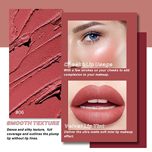 Freeorr 3 Colors Velvet Lip Tint, Cheek Lip Tint High Pigment Lightweight Matte Finish, Waterproof Non Sticky Cup Lip Stains Tint, Mousse Lip Mud Cream Blush,0.176 Fl Oz-Set B #TOP4