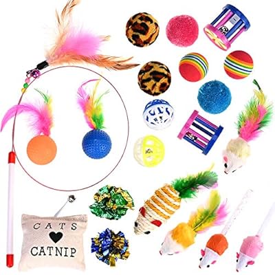 Nabance 21 Pcs Cat Toys Cat Wand Toys for Kittens Cat Teaser Toys Interactive Cat Toys Feathers Catnip Bell Crinkle Balls Mice Cat Toys Set for Indoor Kitty