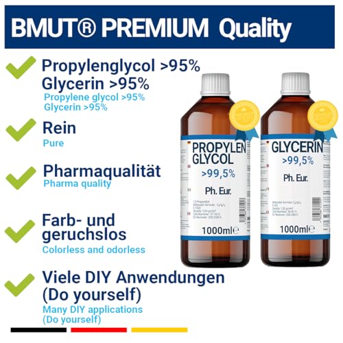 1000ml Glycerin + 1000ml Propylenglycol in Pharmaqualität | >99,5% | Rein | E422 + E1520 DIY