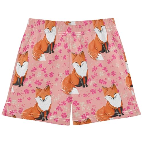 Girls Shorts Cute Foxes Pink Blossom Print Comfy Casual Athletic Pajama Youth Summer Clothes Kids Teens, X-Small