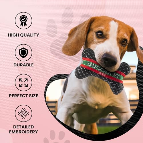 Dog Diggin Designs Gucchewi Plush Dog Toy Bone | Luxury-Inspired Parody Designer Bone with Squeaker, Soft Plush Chew & Play Dog Toy – Prêt-à-Porter Play! - Image 5