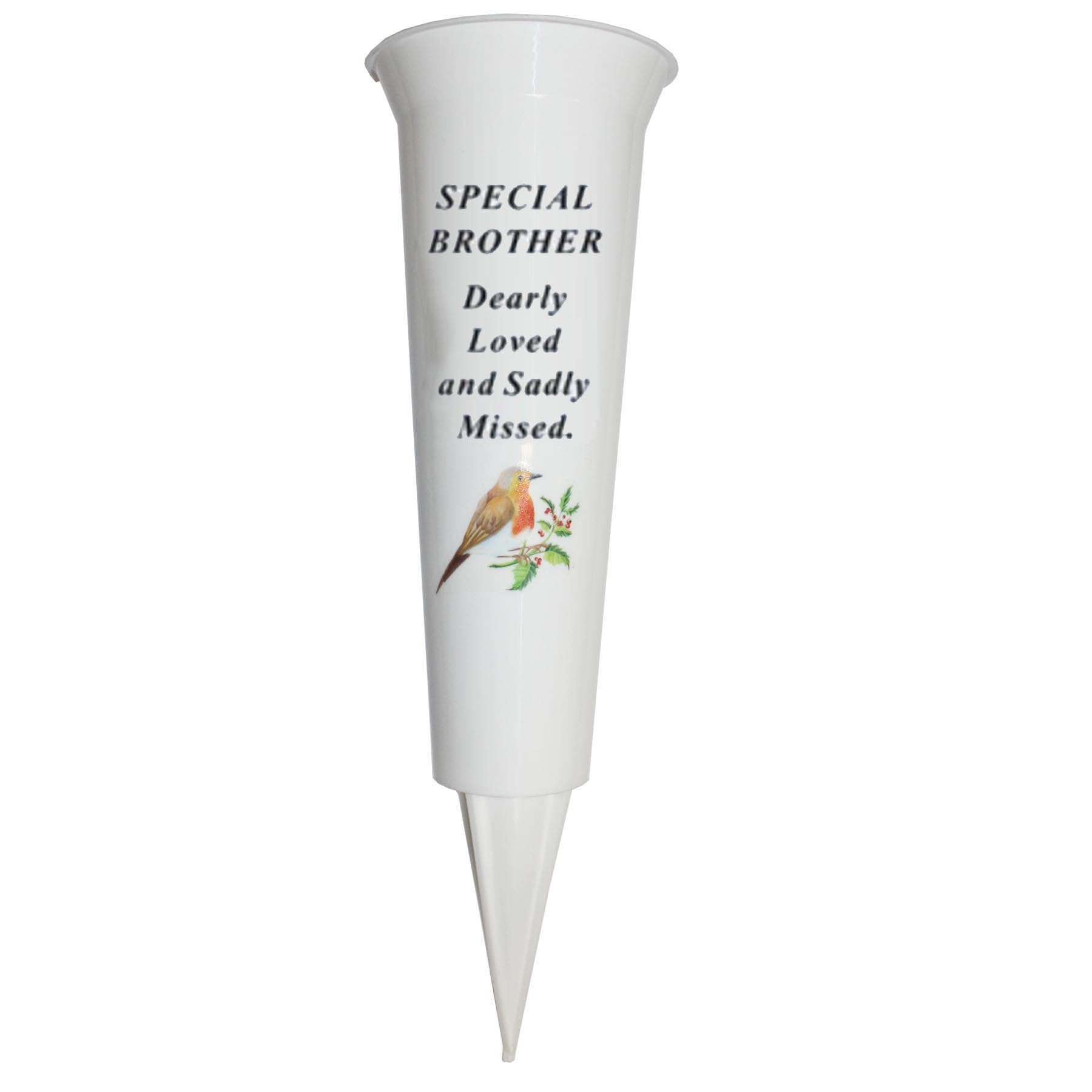 Widdle Gifts Brother 8767 Memorial Grave Flower Pot - 33Cm Tall Sturdy White Memorial Graveside Flower Vase With Spike And Robin Image (Brother 8767)