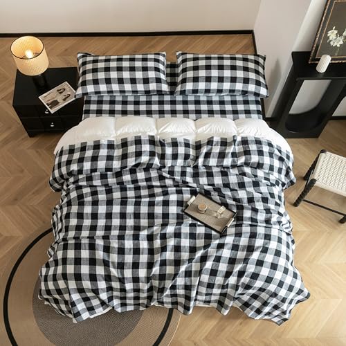 EVERLY Linen Sheets Set King Size,100% French Stonewash Pure Linen Bed Sheets,4Pieces (1Flat Sheet,1Fitted Sheet,2Pillowcase) Suitable for Hot Sleepers,Deep Pocket Natural Bedding Set-Black Plaid