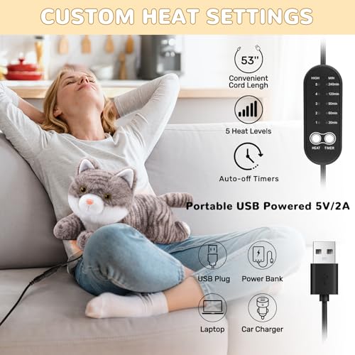 Image of Cat Heating Pad for Period Cramps Menstrual Pain Relief, Portable Electric Heat Pads USB Powered, Cute Grey Cat Plush Stuffed Animals Gift, Funny Cats Gifts for Women Teen Girls Birthday Christmas