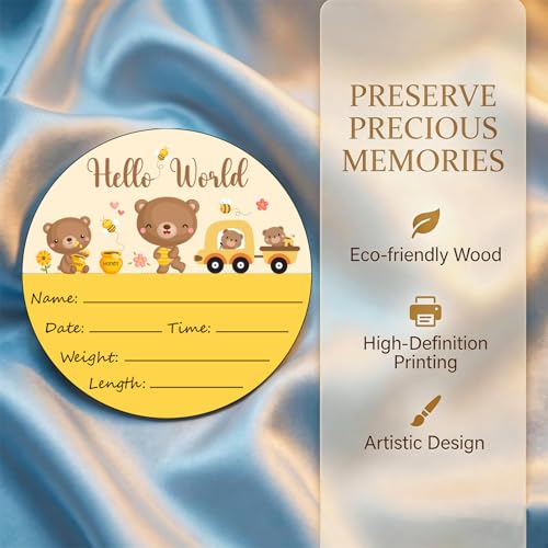 Image of Birth Announcement Sign Baby Name Nursery Decor Hello World | Round Wood Plaque with Bear Design, Custom Name Date Weight Length Great for Nursery Wall Baby Shower Gifts