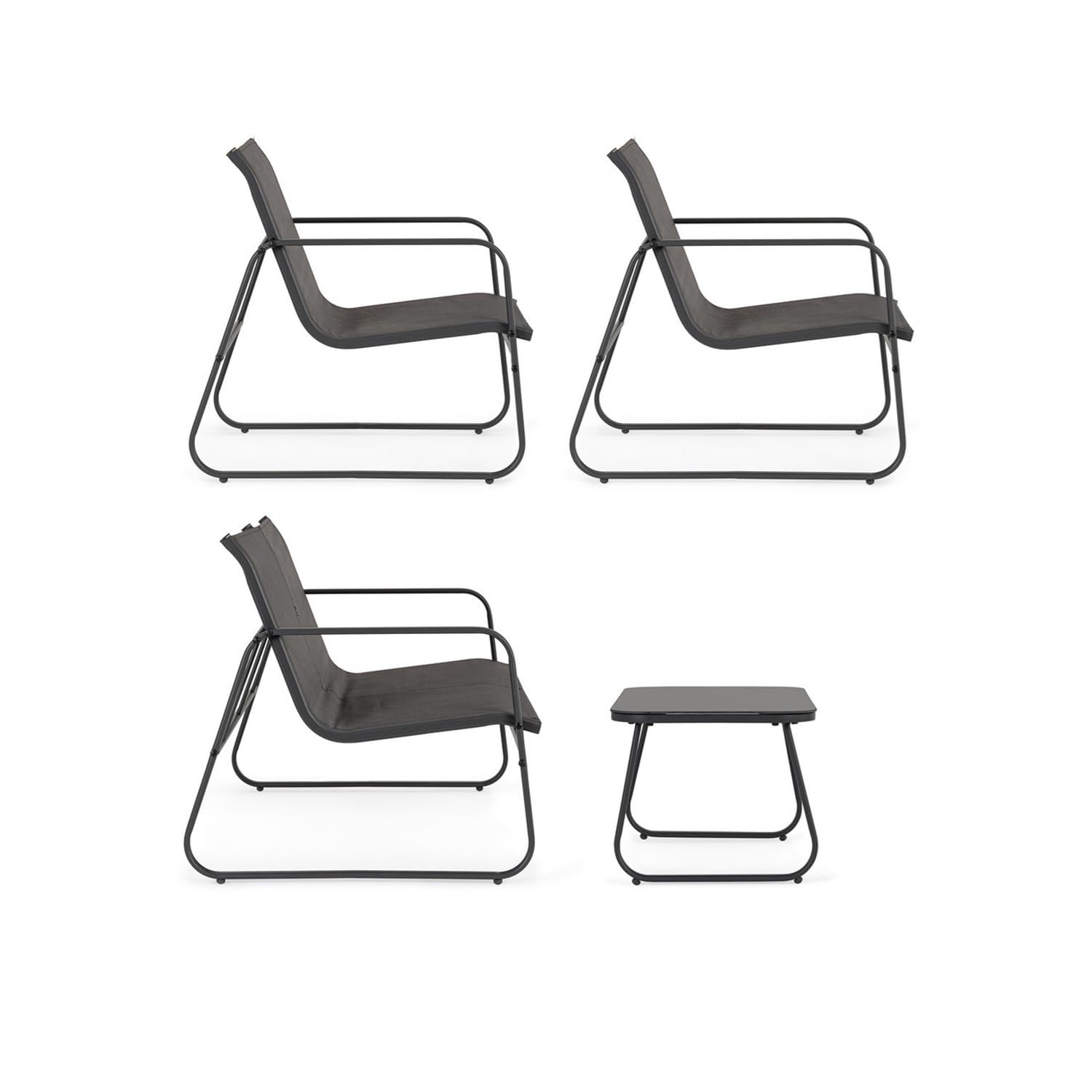 Bizzotto Set Salotto da Giardino Gonzalo, 4 Pezzi, Divano, 2 Poltrone e Tavolino, Struttura in Metallo, Tessuto Mesh, Antracite