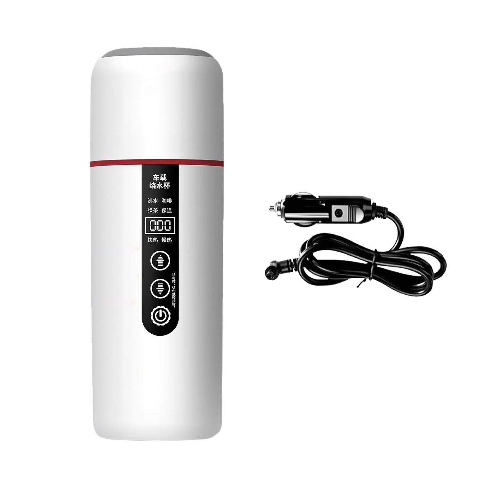 Bouilloire Voiture Électrique Tasse Chauffante Gourde INOX Affichage LED Maintien Température Pratique Adaptée Randonnée Camping Travail, Blanc