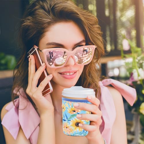 Image of Reusable Insulated Sleeve for Iced Coffee Cup, Coffee Neoprene Sleeve for Cold & Hot Drinks, Beverage Holder for Iced Coffee (Sunflower Smile, Small: 16-18oz)