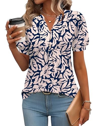 Image of IECCP Womens Tops Puff Short Sleeve Shirts Dressy Casual Henley V-Neck Summer Tops Pleated T-Shirts Loose Fit Tunic Blouses