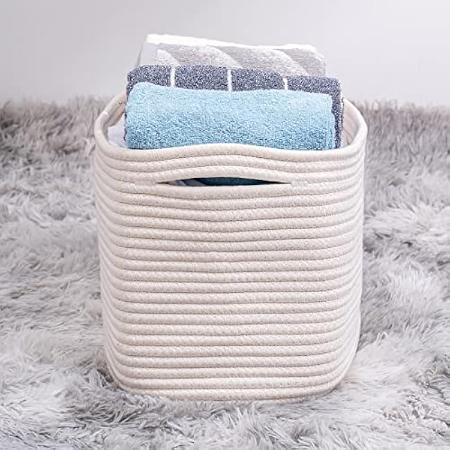 Off White Storage Cubes Baskets Bins for Shelves Set of 3, Rectangular Closet Cube Baskets, Skin-friendly Woven Rope Organizing, Baby Nursery, 13x10x8.26