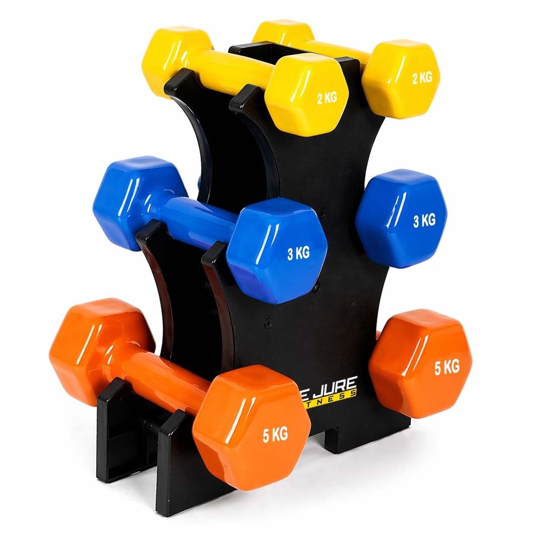 De Jure Fitness Dumbbell Set with Stand for Home Gym | 2kg 3kg 5kg 3 Pair Dumbbells Set | Vinyl Weight Set with Rack | Space Saving Compact Stand | Strength Training Workout Equipment