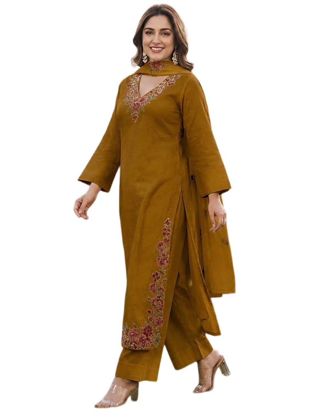 ANNI DESIGNER Women's Viscose Blend Straight Embroidered Kurta with Palazzo and Dupatta (MUKTA Mustard_5XL_Mustard_XXXXX-Large)