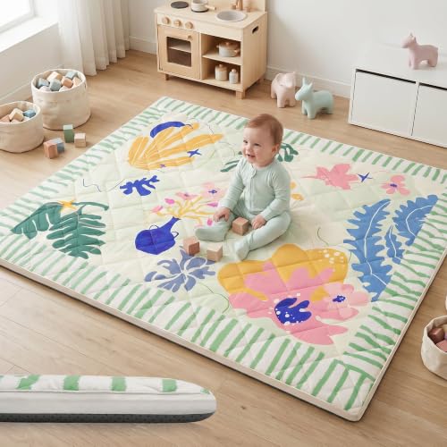 Image of 1.6 inch Thick Baby Play Mat, 71x59 Removable & Machine Washable Cover | Padded Memory Foam, Non-Slip Backing, 100% Baby-Safe Materials, Tummy Time Crawling, Outdoor, Bedroom, Living Room, Nursery