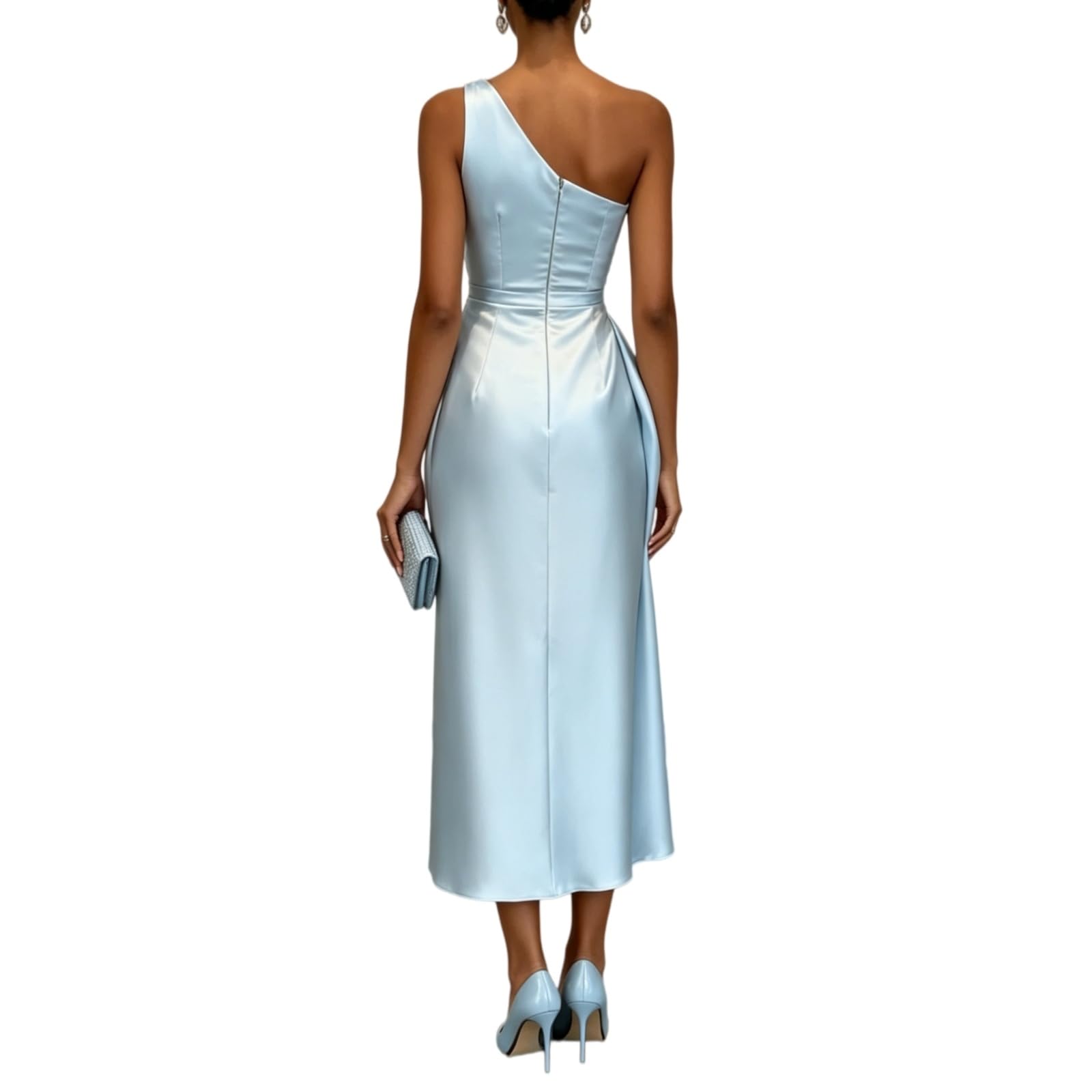 Abito Donna Elegante da Festa in Raso A Una Spalla - Midi Senza Maniche con Vita Stretched, Serale-Red-XL