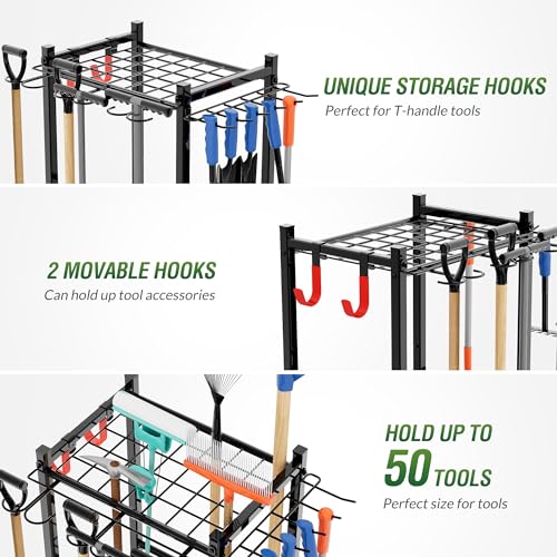 Garden Tool Organizer Rack Up to 50 Tools, Heavy-Duty Steel Yard Tool Organizer for Garage Storage with 11 Hooks, Broom Holder & Garden Tool Rack for Shed, Patio, Outdoor Use, Black - Image 4