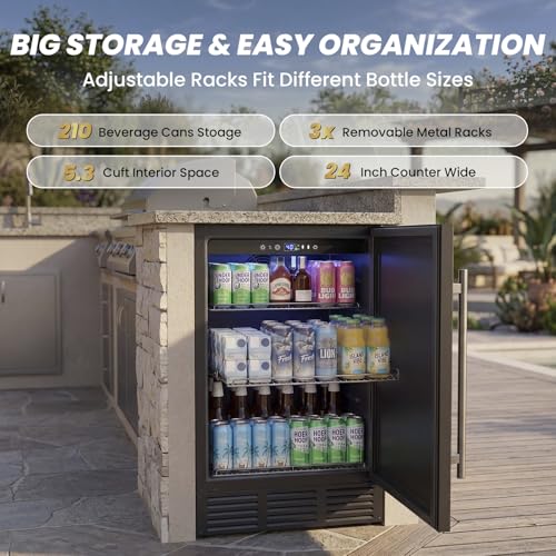Image of 24 Inch Wide Under Counter Beverage Refrigerator, 210 Cans Large Capacity Drink Cooler, Freestanding & Built-in Beer Wine Soda Fridge with LED Light, for Home Kitchen Bar Office Outdoor Patio Black