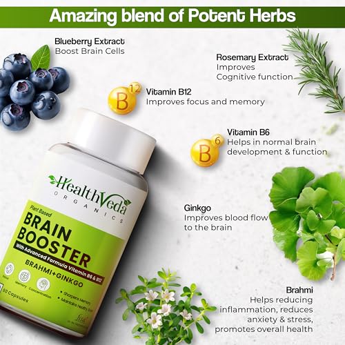 Image of HEALTH VEDA ORGANICS PRIVATE LIMITED Plant Based Brain Booster With Ginkgo Biloba & Brahmi I 120 Veg Capsules I Boosts Concentration & Learning Activities I For Both Men & Women (Pack Of 2)