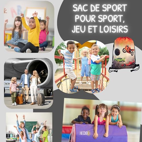 HECKBO Sac de Gym pour Garçon - Motif Voiture, Moto, Formule 1 - Lavable en Machine - 40x32cm - Pour Maternelle, Crèche, Voyage, Sport, École - Sac à Dos, Sac pour Jouet – vue 6