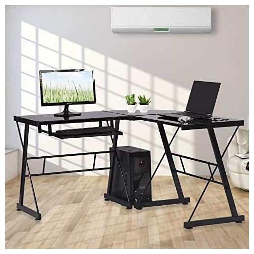 Office Gaming Corner Desk with Keyboard Tray and CPU Stand,Glass L Shaped Computer Home Desk,3-Piece PC Laptop Study Writing Workstation Table by XXFBag - Black