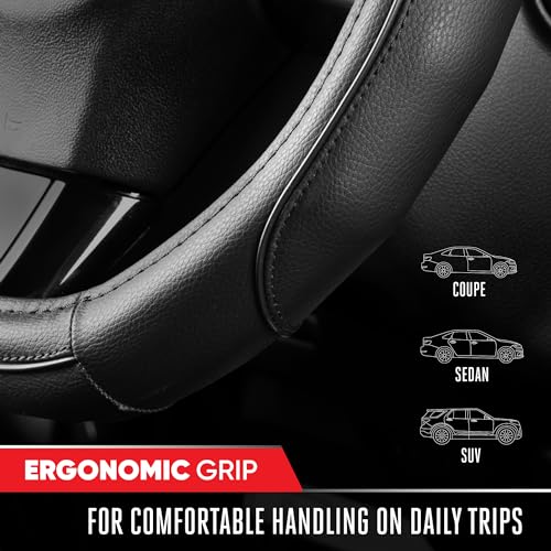 Image of Motor Trend Stealth D-Shaped Steering Wheel Cover - Premium Flat Bottom Car Steering Wheel Cover, Black Faux Leather Sterring Wheel Cover, Standard 15 inch