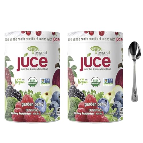 Terra-Kai Organics Juce Super Fruit and Veggie Blend Drink, 12.2-Ounce Garden Berry, 30 Servings, Greens Powder, Juce, Green Juice Powder, Super Food, Greens Drink, Juce Terra Kai (Pack 2) bundle with Vallary Spoon.