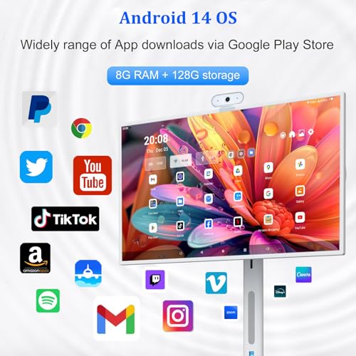 Image of 32 inch Smart Portable TV on Wheels, 1080P FHD Portable Rolling TV with Rotatable Touch Screen, Android 13 OS, 8GRAM+128G Storage, Full Rotation Mobile TV with 13MP Camera, Built-in Battery, Voice Control