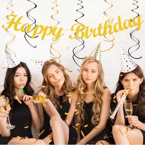 Image of Black Gold Women-Men Birthday Party-decorations - 21pcs Happy Banner,Paper Streamers Lanterns Honeycomb,Tissue Pom Poms Fan,Classroom Birthday Supplies Decor Huglony