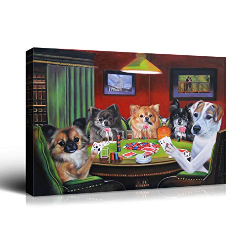 Denozer - Dogs Playing Poker Canvas Wall Art 16x12 Inch | Trippy Memorabilia Gifts for Guys & Entertainment Room | Funny Parody Art Modern Wall Decor for Home Bathroom Bedroom Ready to Hang