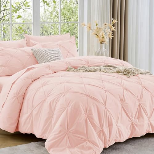 Image of Sasttie King Size Comforter Set, 7-Piece Bed in a Bag, Pintuck Bedding Set for All Season, Includes Comforter, Flat Sheet, Fitted Sheet, Pillowcases and Pillowshams, Blush Pink