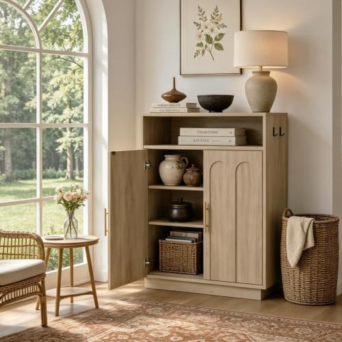 Image of Shoe Cabinet with Arched Doors, 43 inch Tall Large Hidden Shoe Storage Cabinet with Adjustable Shelves, 5-Tier Mid Century Modern Shoe Rack Organizer for Entryway Hallway Living Room, Oak