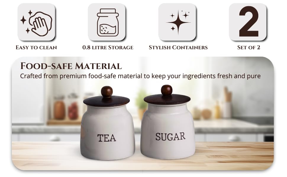 Image of Metallure Home Modern Kitchen Set | Air Tight Containers for Kitchen Storage | Tea Sugar Container Set of 2 | Wooden Lid Container | Food-Safe Metal Containers |Jar Container Set for Home (Light Grey)