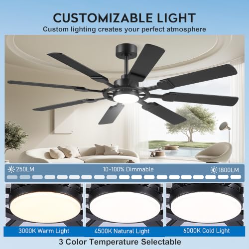 Image of JSAITEE 62in Ceiling Fans with Lights and Remote, Black Low Profile Fan Light-Flush Mount with 8 Reversible Blades,6 Wind Speeds 3CCT Dimmable, Indoor Light Fixture for Bedroom