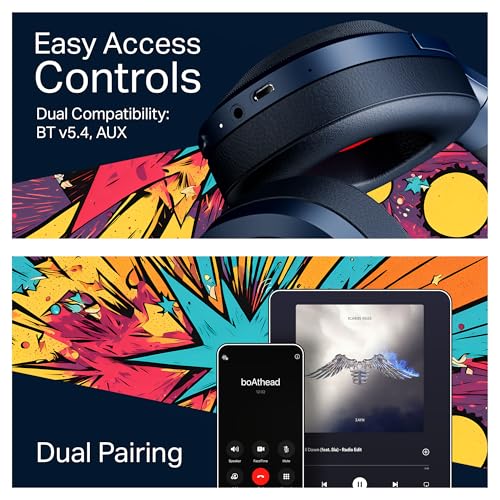 Image of Boat Rockerz Plus 550, Customizable Earcups, 100H Battery, 50mm Drivers, Dual Pair, Stream Ad Free Music via App Support, Bluetooth Headphones, Wireless Headphone with Mic (Blue Psyche)