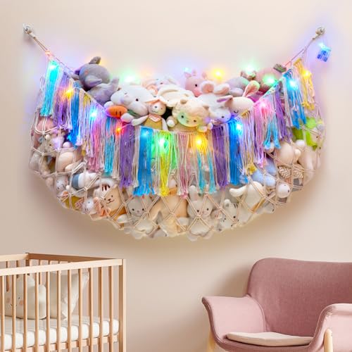 Boho Stuffed Animal Hammock, Falt Wall or Corner Hanging, Rainbow XL