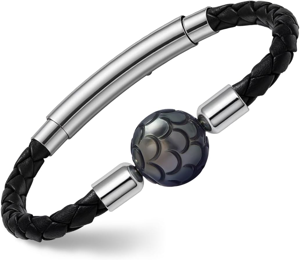Braided Leather Bracelet for Women with 11-12mm Hand-Carved Seawater Tahitian Pearl - Wedding Anniversary Birthday Christmas Gift for Wife Mom Women Daughter, Unique Jewelry, Adjustable Clasp 7"-7.8"