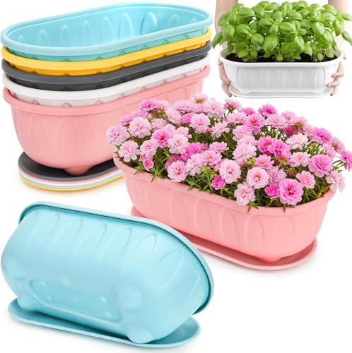 Image of StyleX Store Plastic Rectangle Round Corner Flower Pots with Drainage Hole Saucers Durable Outdoor Indoor Planters with Tray Plant Containers for Balcony, Garden, Home & Office (Set of 5 Sky Blue)