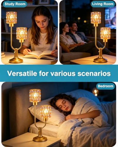 Image of Lightdot Mid Century Modern Table Lamp Vintage Gold Lamp Dimmable Gift | Nightstand Lamp Amber Glass Desk Lamp 2 Bulbs Included Warmwhite Ambient Bedside Lamps for Bedroom Living Room Home Decor