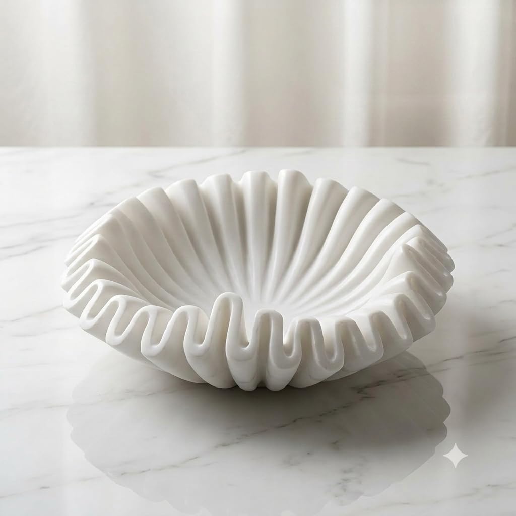 Premium Scalloped White Marble Urli (9") | Hand-Carved Ruffled Bowl for Diwali, Pooja Decor, Floating Candles & Wedding Gifting-image-12