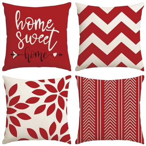 Fokusent Red Modern Pillow Covers 18x18 Set of 4, Decorative Couch Throw Pillow Cover for Sofa, Living Room, Linen Red and Cream Farmhouse Cushion Case, Outdoor Home Decoration
