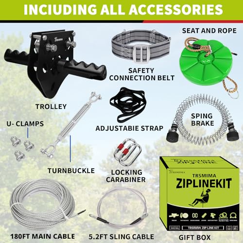 Image of 150 /180 /200 Feet Zip Line Kit for Kids and Adult Up to 330 lb with Zipline Spring Brake and Safety Harness, Zip line Trolley with Handle and Thickened Seat,for Backyard Playground Entertainment