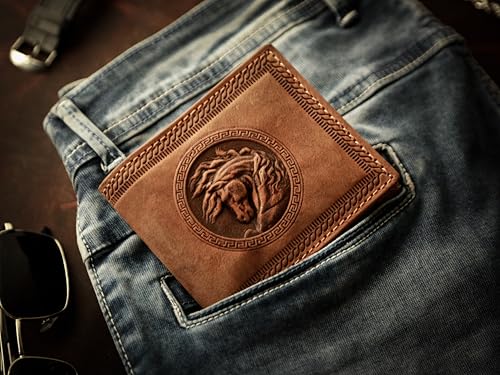 Leather Wallets for Men- 3D Embossed Horse Design Bifold Vintage Distressed Genuine Leather Wallet with Two Cash Pockets and Six Card Slots (Tan)4