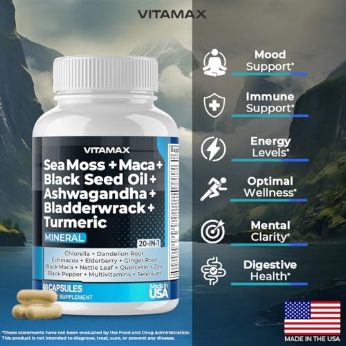 Sea Moss, Maca, Black Seed Oil, Ashwagandha, Bladderwrack, Turmeric - Elderberry, Vitamins C & D3, Dandelion & Black Pepper - Made in USA- 120ct - Image 3