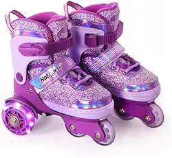 Nattork Patins infantis, 4 tamanhos ajustáveis, patins de três rodas para meninas de 3 a 7 anos com rodas divertidas e proteção de segurança - presente de aniversário para esportes internos e externos